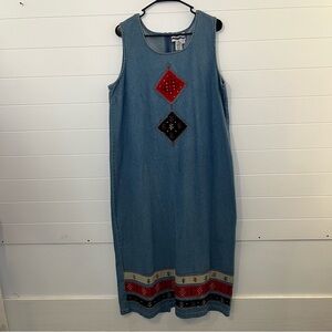 Vintage Country Wear XL Embroidered Denim Sleeveless Dress Western Barn *FABRIC